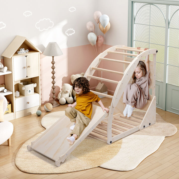 Pikler Triangle Set, Foldable Wooden Climbing Triangle Ladder with Ramp for Toddlers, Natural Wood