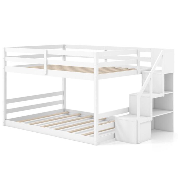 Hivvago Solid Wood Full Over Full Low Bunk Bed with Storage Stairs