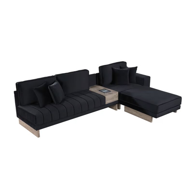 Phsy 123 Inch Modular Sectional Sofa with Storage Table, USB, Black Velvet - Benzara