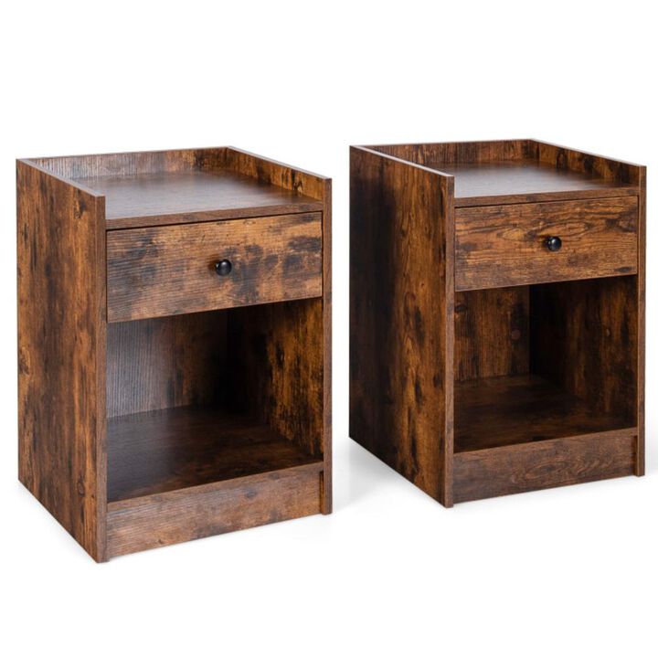 Hivvago Set of 2 Nightstand with Drawer Cabinet End Side Table Raised Top