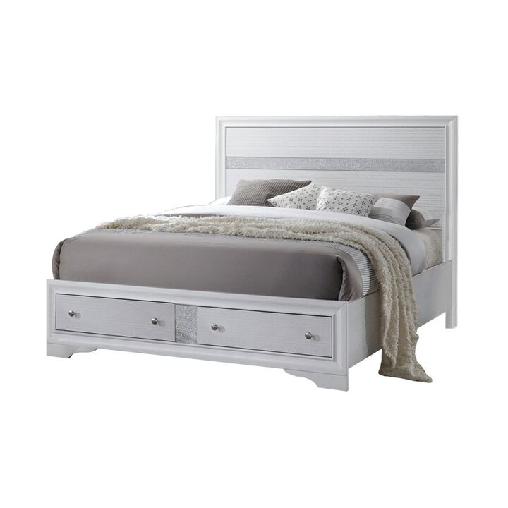 Classy Queen Size Bed With Storage, White-Benzara