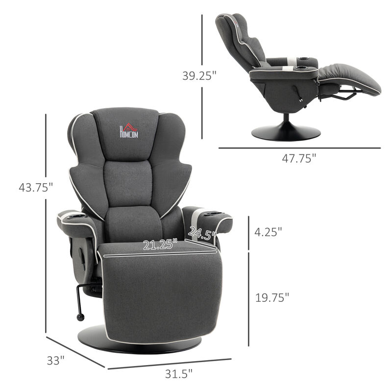 Manual Recliner, Swivel Lounge Armchair With Footrest And Two Cup Holders For Living Room, Black