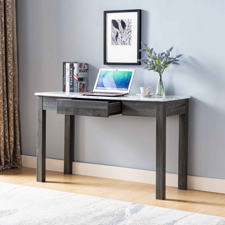 Faux Marble White & Distressed Grey Home Office Desk with Drawer
