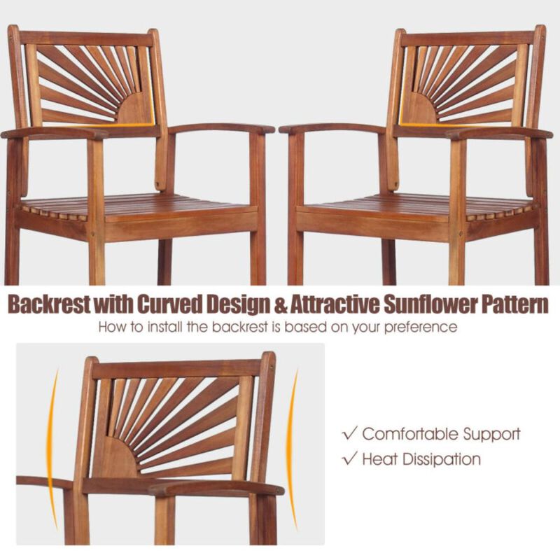 Hivvago 2 Pieces Outdoor Acacia Wood Bar Chairs with Sunflower Backrest and Armrests