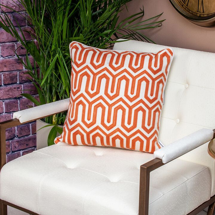 20" Orange Geometrical Embroidered Throw Pillow