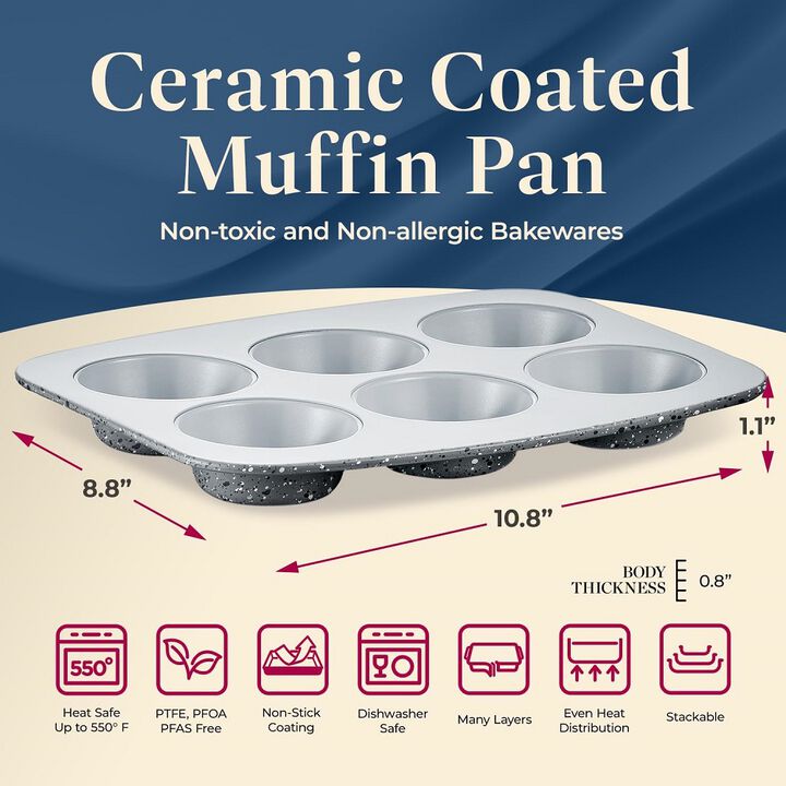 BAKKENMASTER Bake with Elegance: 6-Cup Cake/Muffin Pan Set - Blue, Teal, Marble, Golden, Cream - Aluminized Steel with Ceramic Non-Stick Coating, PFOA & PFAS Free - Non-Toxic, Heavy-Duty Bakeware