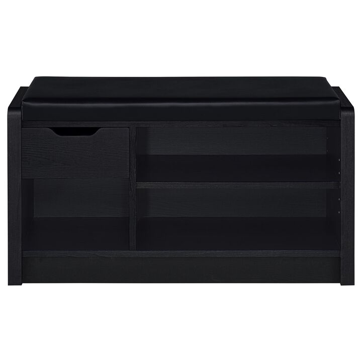 Aryn Storage Bench with Adjustable Shelf, Black Faux Leather, Black - Benzara