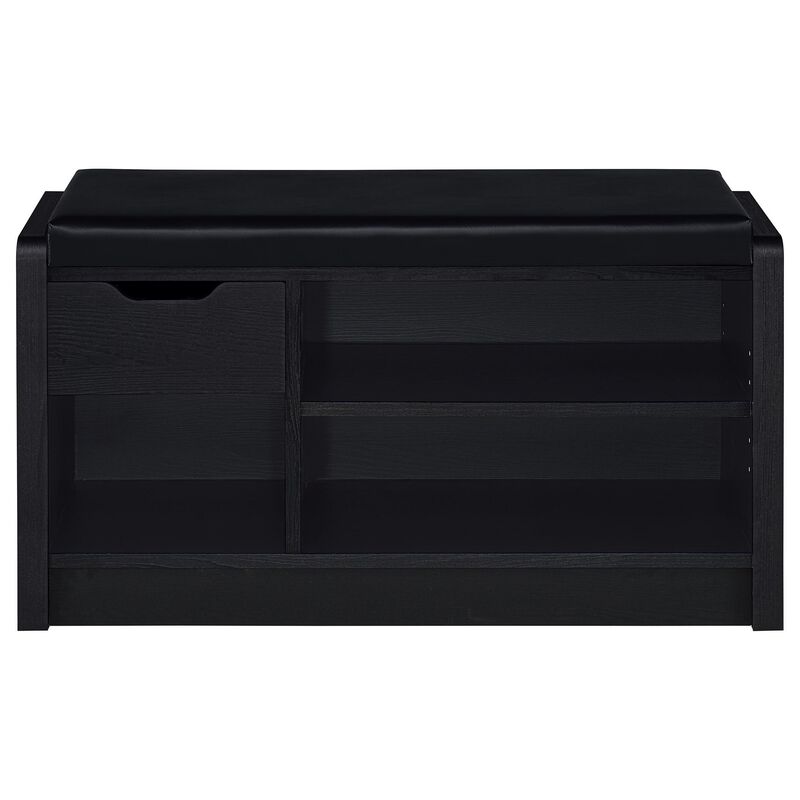 Aryn Storage Bench with Adjustable Shelf, Black Faux Leather, Black - Benzara