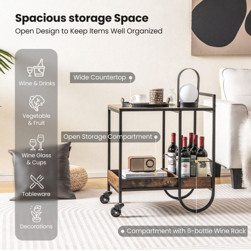 Hivvago Rolling Buffet Serving Cart with Removable Metal Wire Wine Rack-Brown