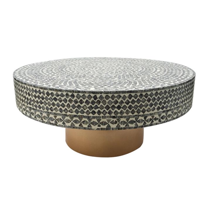 Benjara Piki 35 Inch Coffee Table, Mughal Capiz Inlaid Pattern, Gold, Gray, White and Brown