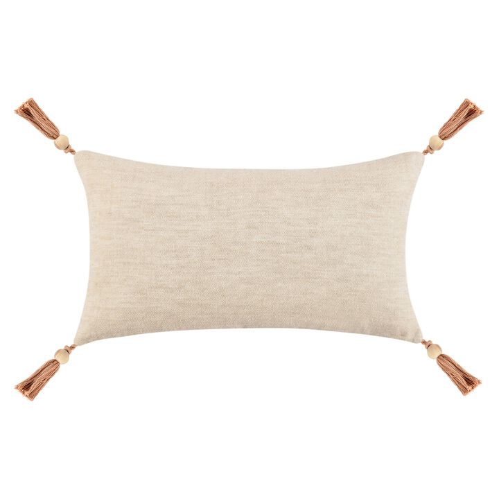 Chia Lumbar Throw Pillow, 14x26in Wood Bead Tassels, Light Brown Linen - Benzara