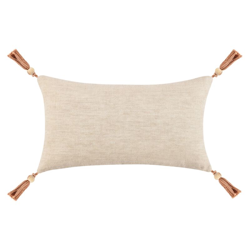 Chia Lumbar Throw Pillow, 14x26in Wood Bead Tassels, Light Brown Linen - Benzara