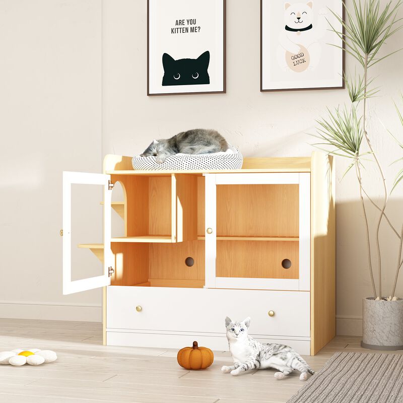Extra Large Cat Litter Box Furniture Hidden, Cats Condo Pet House with Stairs, Indoor Cat Litter House, White with Log