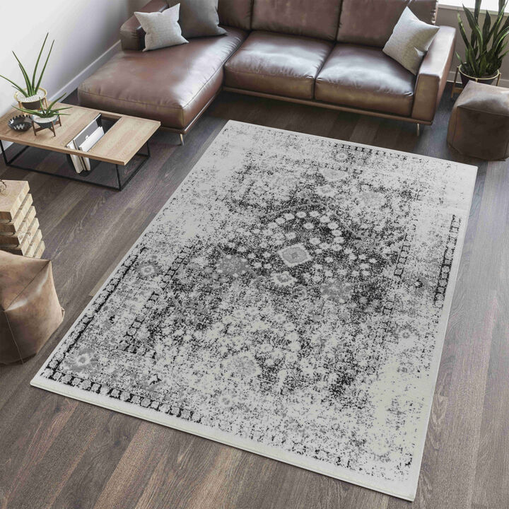 Sakarya Distressed Oriental Black Grey Indoor Area Rug