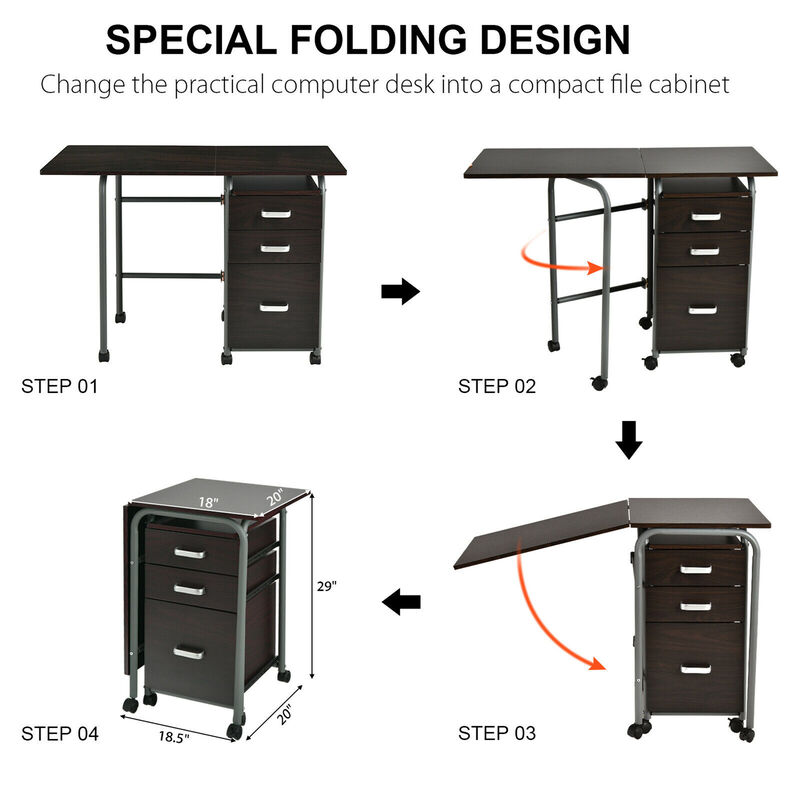 Costway Folding Computer Laptop Desk Wheeled Home Office Furniture w/3 Drawers Brown