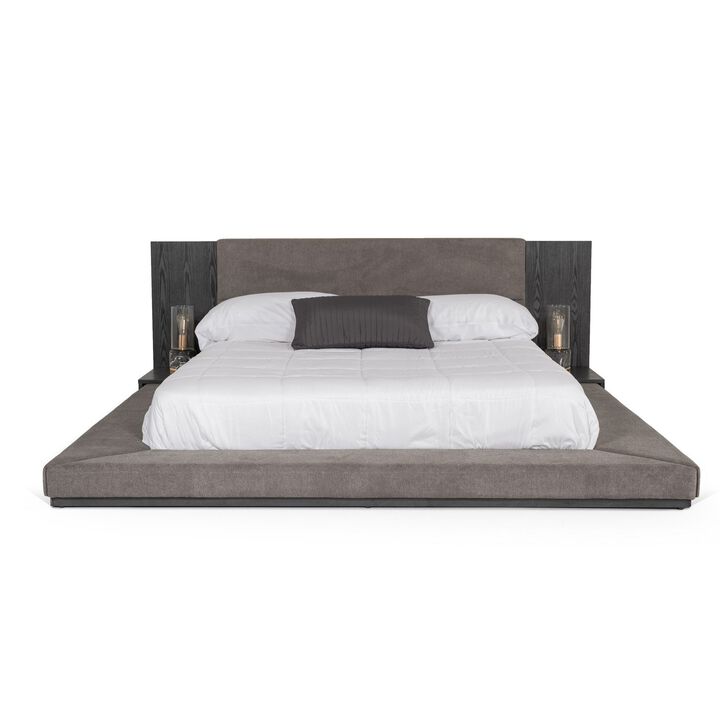 Noe Ruby California Size Bed, Side Shelves, Gray Upholstery, Low Profile - Benzara