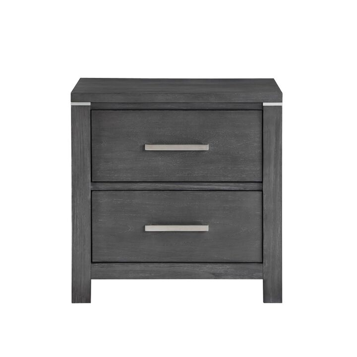 Benjara Tal 27 Inch Nightstand, 2 Drawers Handles, Charcoal Finish, Gray, Chrome