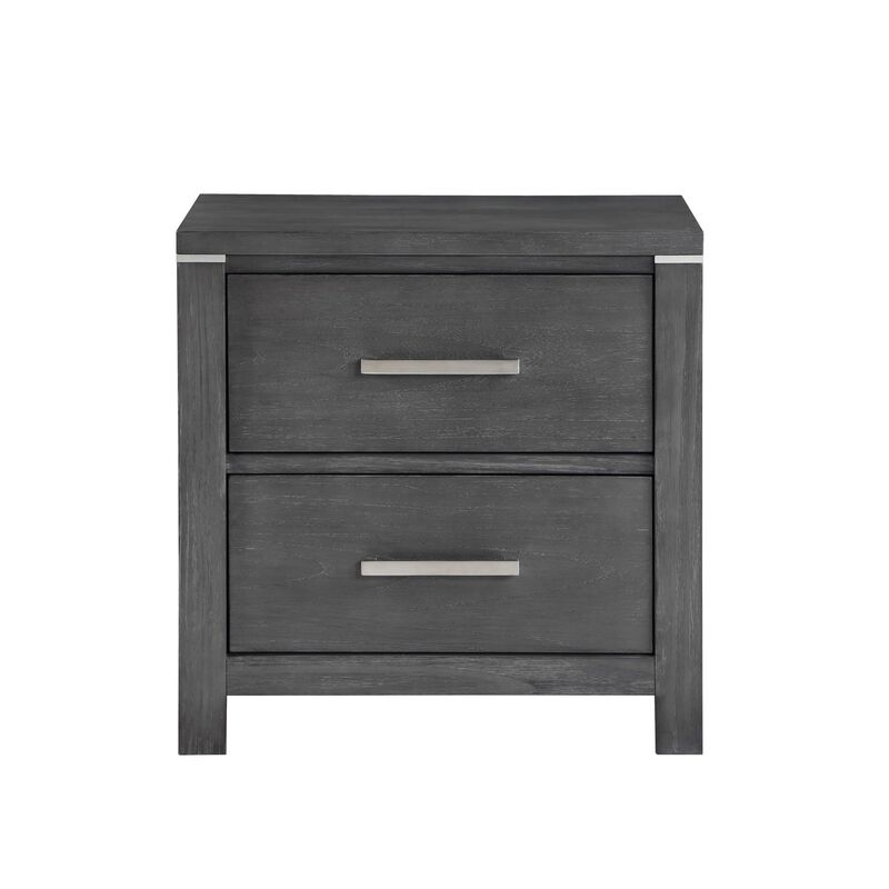 Benjara Tal 27 Inch Nightstand, 2 Drawers Handles, Charcoal Finish, Gray, Chrome
