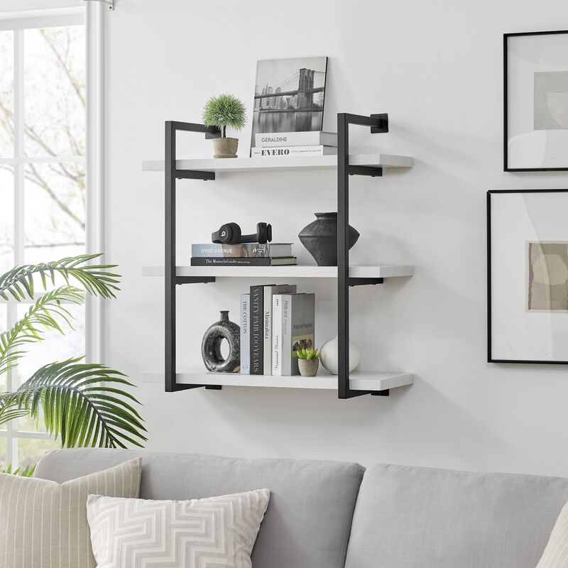 Modern 3-Tier Hanging Bracket Wall Shelves in Black Metal and White Birch Finish