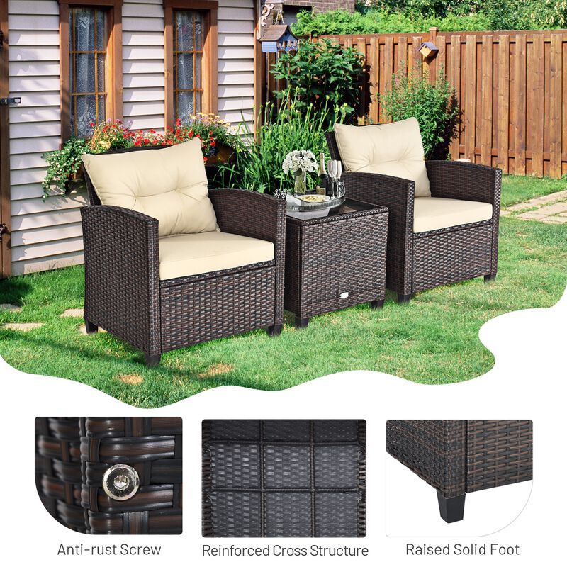 3 Pcs Patio Rattan Furniture Set Cushioned Conversation Set Coffee Table