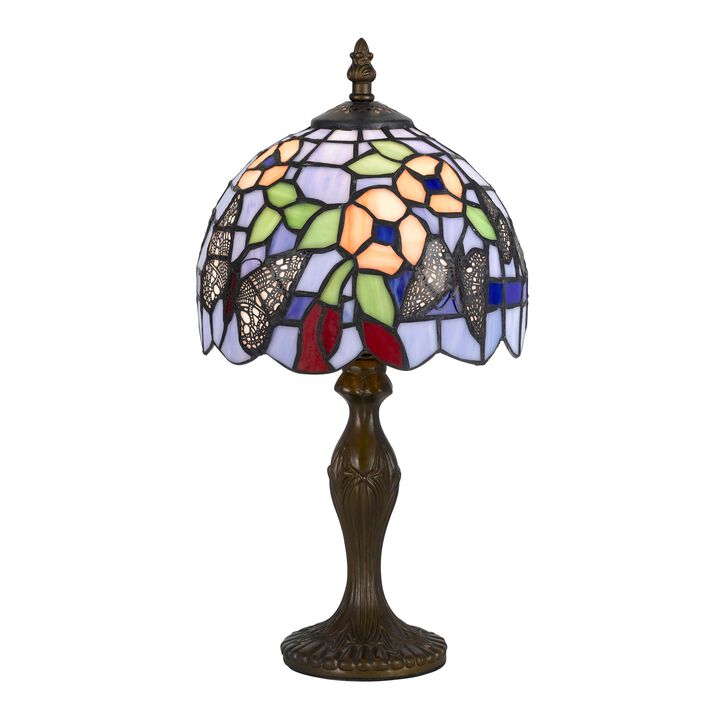 Metal Body Tiffany Table Lamp with Butterfly Design Shade, Multicolor - Benzara