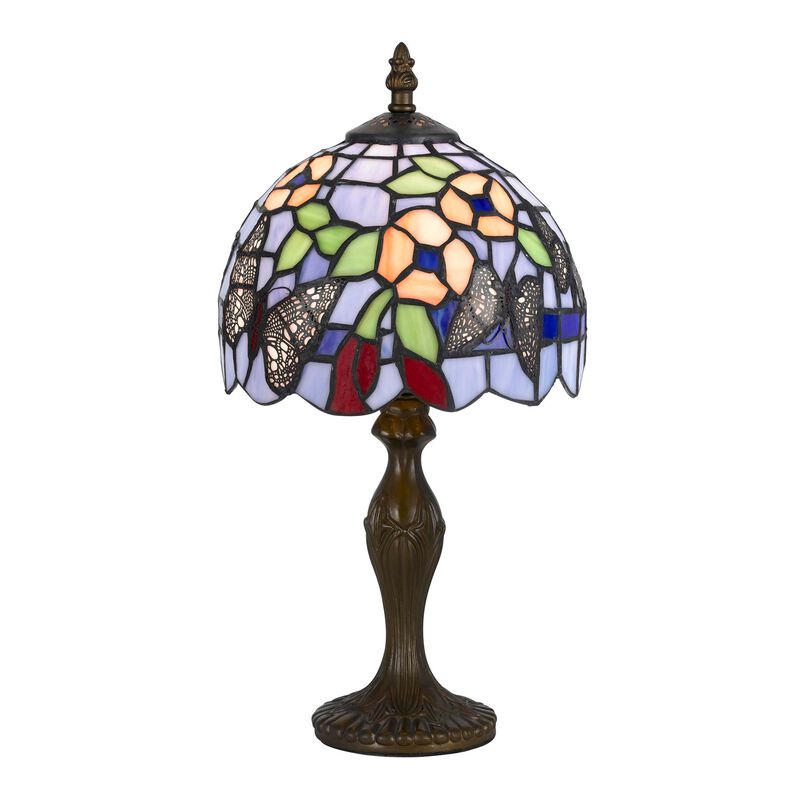 Metal Body Tiffany Table Lamp with Butterfly Design Shade, Multicolor - Benzara