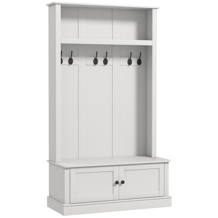 White Hall Tree Bench: Shoe Storage, Hooks, Shelf, for Entryway