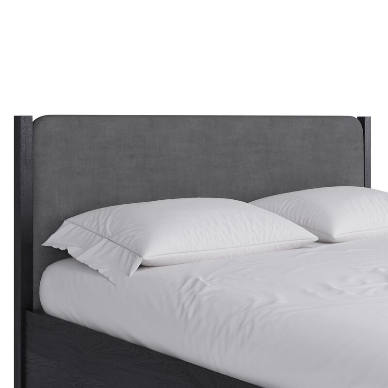 Cave Full Bed, Velvet Upholstery, Squared Posts, Dark Gray Mahogany Wood - Benzara