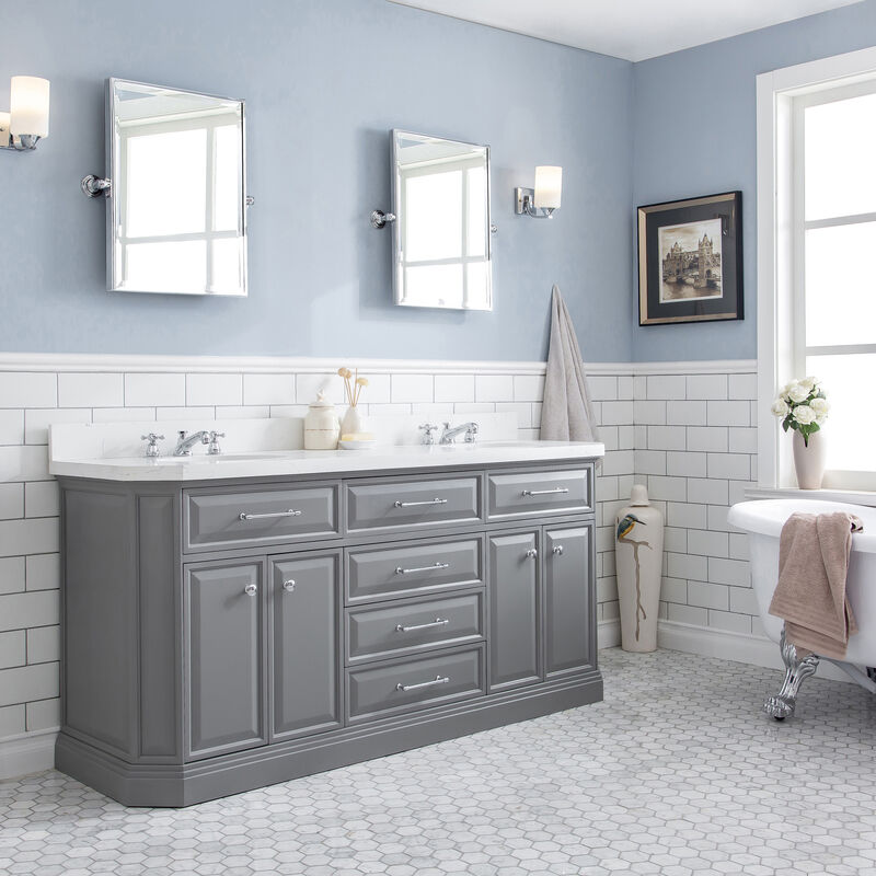 Palace 72 In. Double Sink Carrara Quartz Countertop Bath Vanity in Cashmere Grey with Chrome Hardware and Rectangular Pivot Mirrors