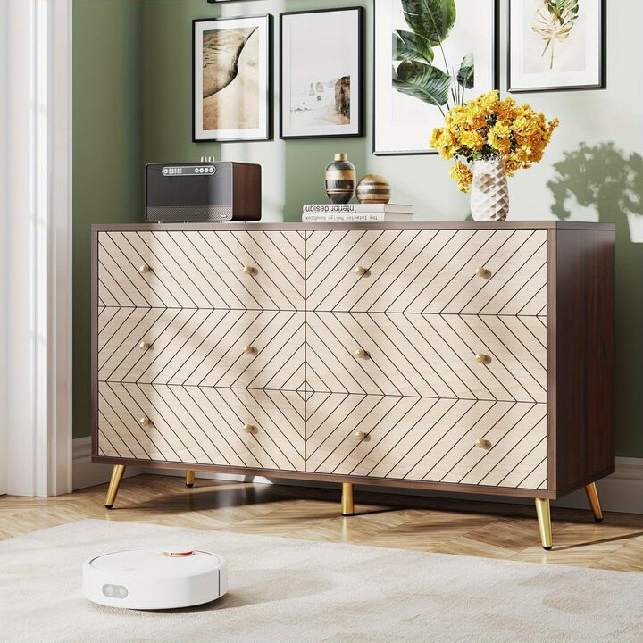 47-Inch Bedroom Dresser with 6 Drawers, Double Wide Chest of Drawers with Gold Legs, Wood and Metal Storage Dresser, 6-Drawer Dresser Cabinet (Dark Brown + Natural)