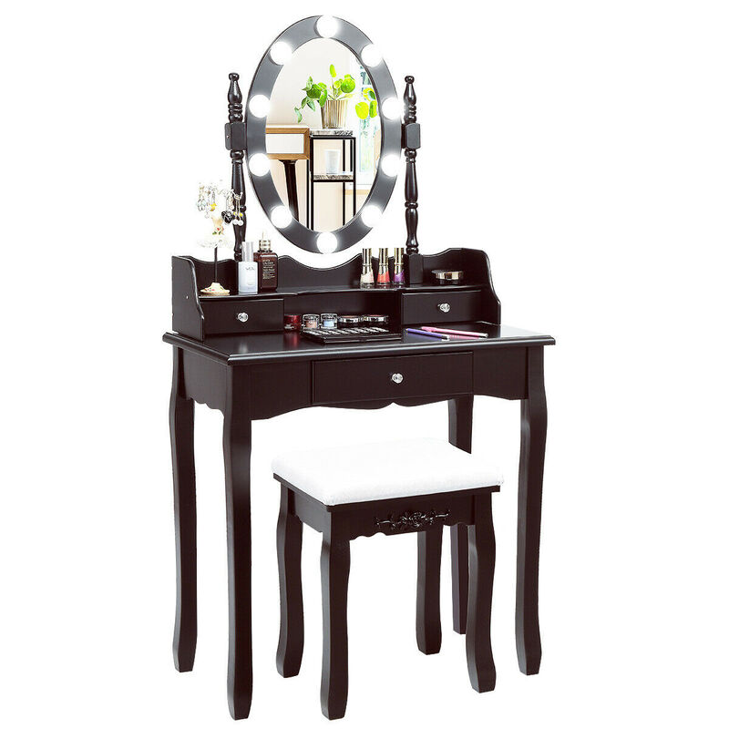 Oval Mirror Vanity Set  with 10 LED Dimmable Bulbs and 3 Drawers