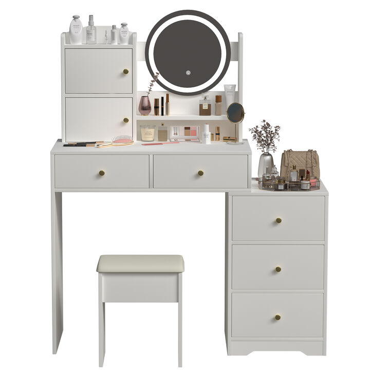 Vanity Desk with Mirror & Lights, 3-Color Adjustable Brightness, Table with Stool