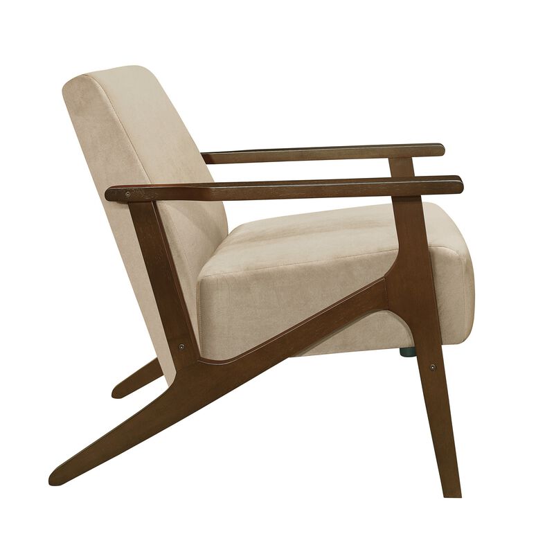 Rica 32 Inch Accent Armchair, Soft Beige Velvet, Walnut Brown Solid Wood - Benzara