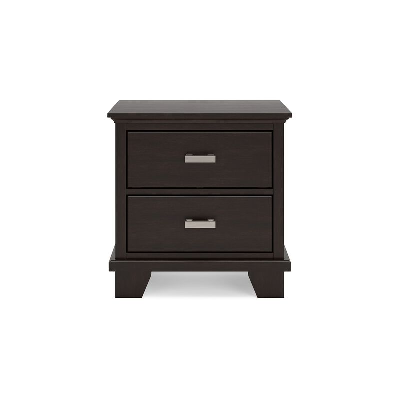 Teno Nightstand, 2 Drawers, Nickel Handles, Dark Brown Solid Hardwood - Benzara