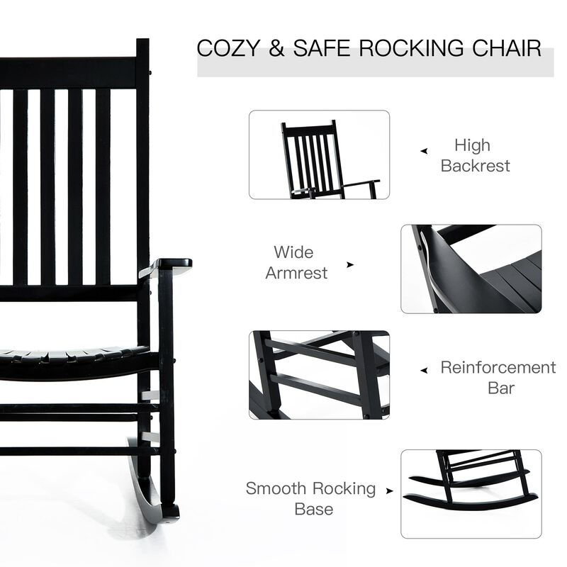 Classic Porch Seating: Black Wooden Slatted Rocking Chairs with Armrests
