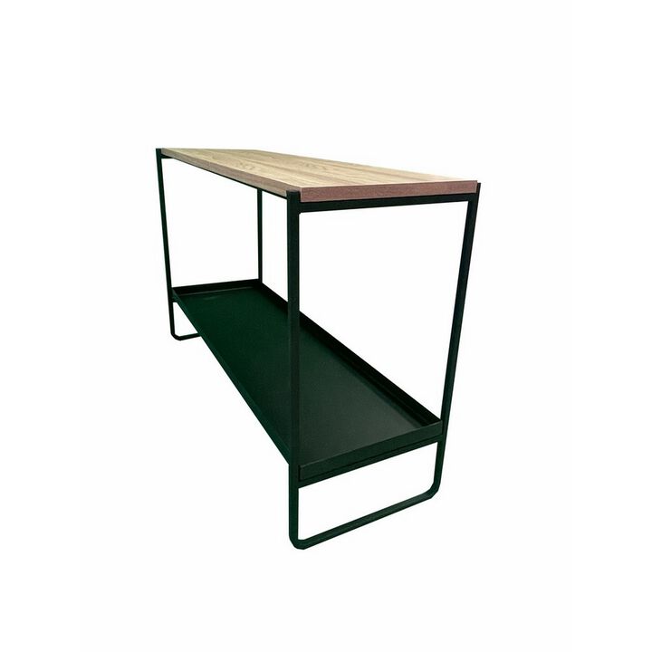 Evon 39 Inch Console Table, Natural Brown Wood Top and Shelf, Black Metal - Benzara
