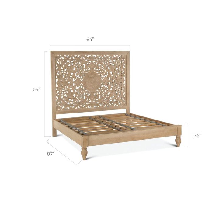 World Interiors Haveli Mango Wood Queen Bed in Natural Whitewash Finish