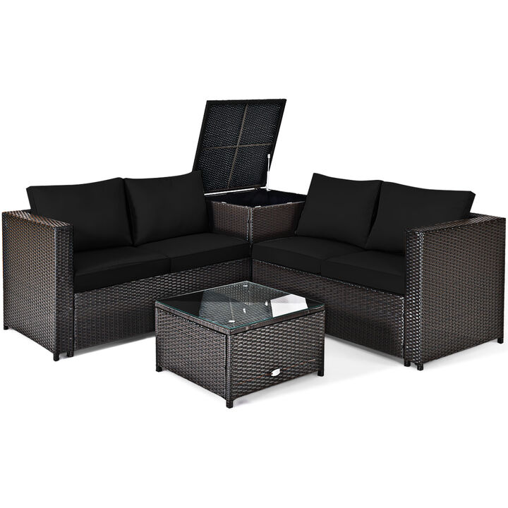 4 Pieces Outdoor Patio Rattan Furniture Set with Cushioned Loveseat and Storage Box