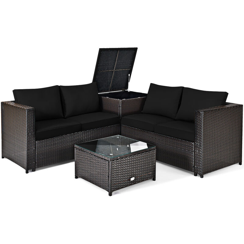 4 Pieces Outdoor Patio Rattan Furniture Set with Cushioned Loveseat and Storage Box