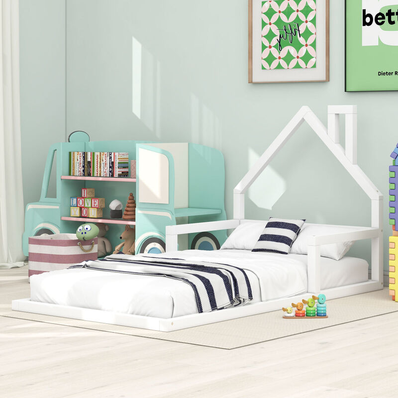 Twin Size Wood Floor Bed With House-Shaped Headboard