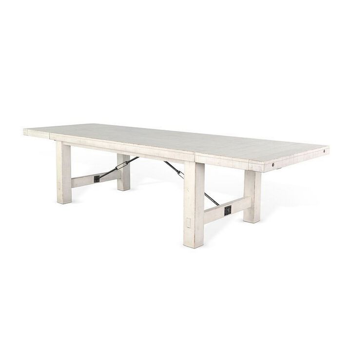 Rena Dining Table, 2 Extension Leaf, 86-122 Inch White Mahogany Wood - Benzara