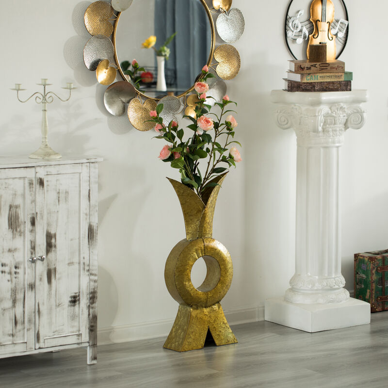 Unique Style Galvanized Gold Metal Design Large Floor Vase for Entryway, Living Room or Dining Room, 28 inTall Rustic Iron Home Decor Accent with Distressed Finish - Vase for Flowers, Branches, or Greenery