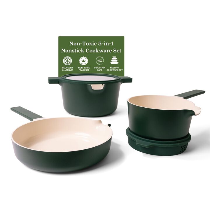 Alva Neat 5-in-1 Ceramic Nonstick Cookware Nesting Set, Recycled Aluminum Non-Toxic PFAS, PFOA & PTFE Free, Frying Pan, Cookware Set Compatible with All Cooktops & Induction Safe, Oven Safe