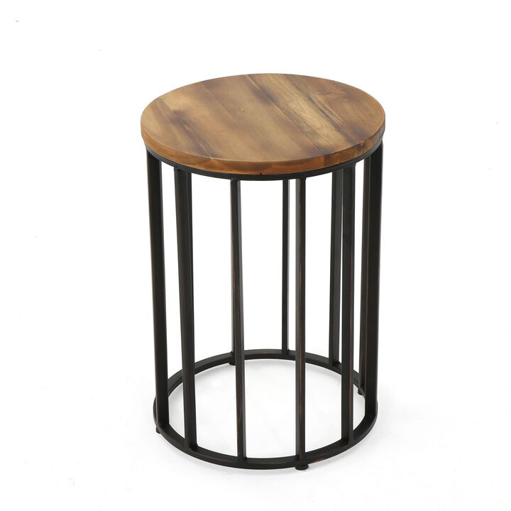 Outdoor Side End Table, 15 Inch Round Brown Wood Top, Black Iron Frame - Benzara