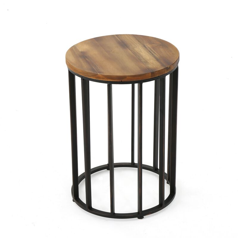 Outdoor Side End Table, 15 Inch Round Brown Wood Top, Black Iron Frame - Benzara