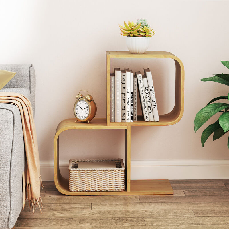 2-Tier S-Shaped Wicker Bookcase with 2 Open Cubes for Living Room