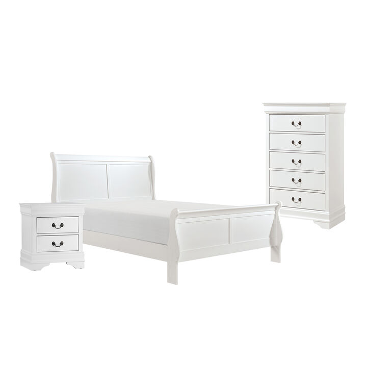 Fy Three Piece Full Size Bedroom Set, Modern Brass Metal Handles, Classic White - Benzara