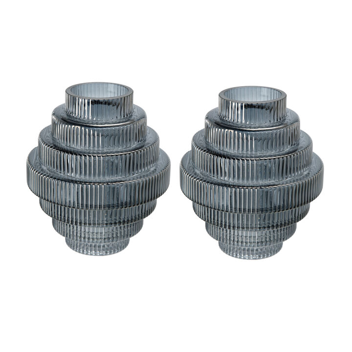 Rae Set of 2 Glass Vases, Geometric Round, Smokey Blue and Clear Finish-Benzara