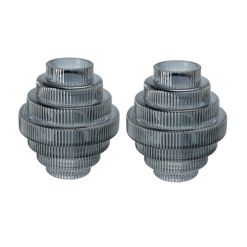 Rae Set of 2 Glass Vases, Geometric Round, Smokey Blue and Clear Finish-Benzara