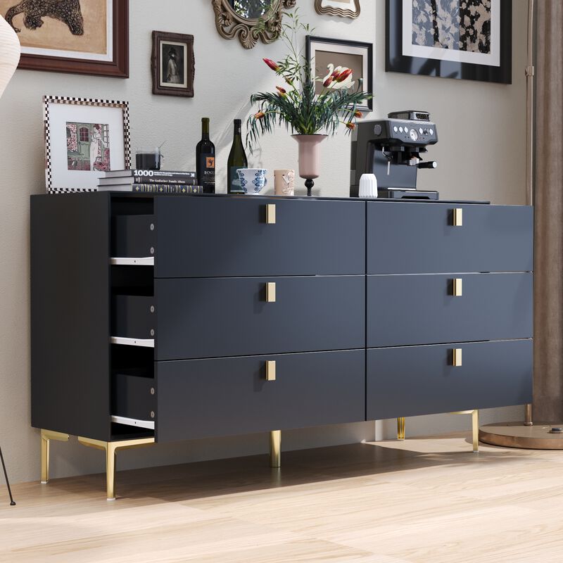 White 6-Drawers 55.1 in. Width Classic Wooden Chest of Drawers, Dresser, Storage Cabinet with Golden Legs and Handles